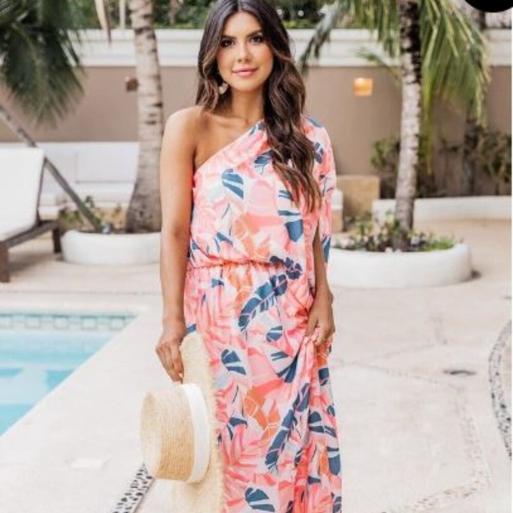 NWOT Pink Lily Maxi Dress in Size Medium one shoulder in tropical pattern
